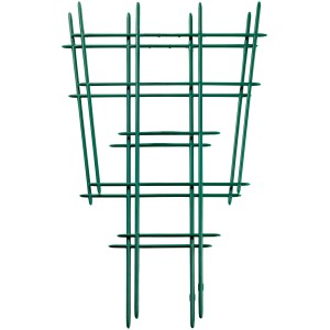 Két zöld, egyenes 44 cm-es műanyag virágrács cserepes növényekhez.