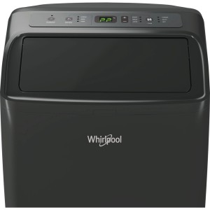 Szürke, hordozható Whirlpool klíma vezérlőpanellel és kijelzővel.