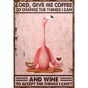 Dekoratív kép: Flamingó kávéval és borral, "Lord, give me coffee..." felirattal