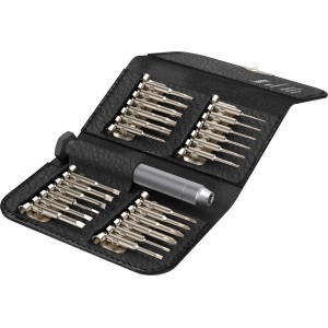Hama Mini csavarhúzó készlet 24in1 fekete bőrhatású tokban, fogantyúval és bitekkel.