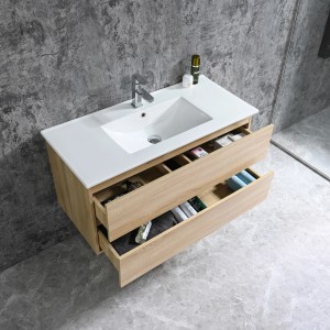Sanotechnik Corbo 100 cm-es mosdószekrény, matt barna, nyitott fiókokkal és fürdőszobai kiegészítőkkel.