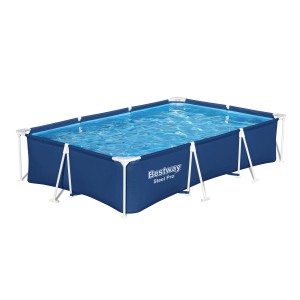 Bestway Steel Pro acélvázas medence szett, 300x201x66 cm, téglalap alakú, kék medencével és fehér vázzal.