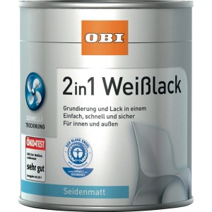 OBI 2in1 fehér zománcfesték doboz, selyemfényű, alapozáshoz és festéshez egy lépésben.