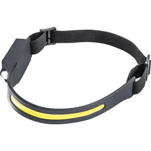 Fekete LED fejlámpa sárga fénysávval, újratölthető, 400 lumen, az OBI webáruház számára.