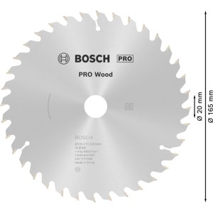Ezüst Bosch Optiline Wood körfűrészlap, Ø 165 mm, precíz keményfém fogakkal a tiszta favágáshoz.