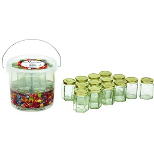 Vödör 14 db lekváros üveggel (195 ml) és fedővel élelmiszer tárolására.