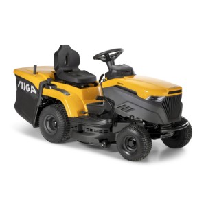 Sárga Stiga Estate 384 fűnyíró traktor fűgyűjtővel közepes méretű kertekhez.
