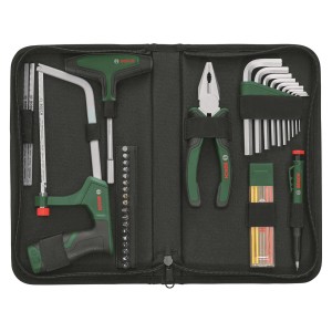 Bosch DIY adventi naptár 2025, 41 darabos szerszámkészlet szövet táskában: csavarhúzóval, fogóval, fűrésszel, ceruzákkal és bitekkel.