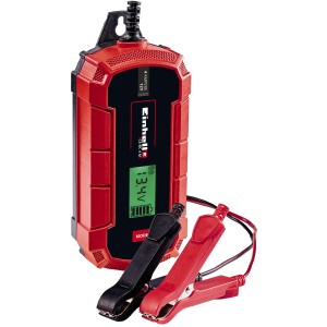 Einhell CE-BC 4 M akkumulátortöltő: Piros töltő LCD kijelzővel és akkumulátor csipeszekkel.