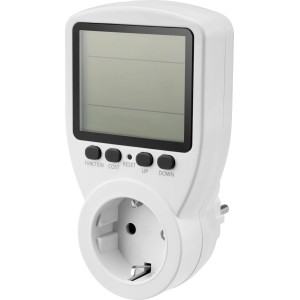 Fehér energiaköltség-mérő kijelzővel a fogyasztás méréséhez.
