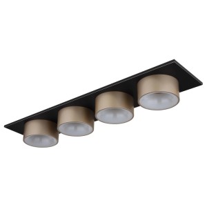 Modern LED mennyezeti lámpa négy arany spotlámpával fekete alapon.
