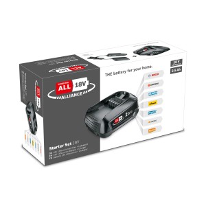 Bosch 18V akkumulátor indítókészlet 2,5 Ah akkumulátorral és töltővel a csomagolásban.