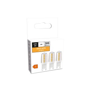 3 db-os G9 LED izzókészlet, 3W, meleg fehér, 300 lumen. Kompakt csapos forma sokoldalú használatra.
