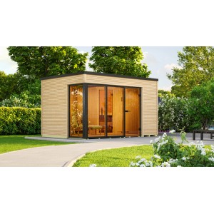 Modern Weka Design Cubilis szaunaház üvegfronttal és 9 kW-os kályhával a kertben.