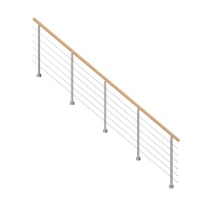StarWood Kos fém korlát, 475 cm, tölgyfa kerek kapaszkodóval és szürke oszlopokkal. Lépcsőkorlát.