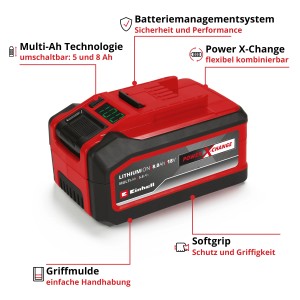 Einhell 18V 5-8Ah Multi-Ah PXC Plus akkumulátor, piros/fekete. Akkumulátor elektromos kéziszerszámokhoz, digitális kijelzővel.