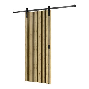 Radex tolóajtó komplett szett akusztikus panel Lamette, 95x210 cm, lamellás dizájnnal és fekete sínnel.