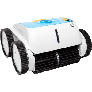 Steinbach Poolrunner Battery Pro akkumulátoros medence robot fehér és kék színben, kefékkel és kerekekkel.