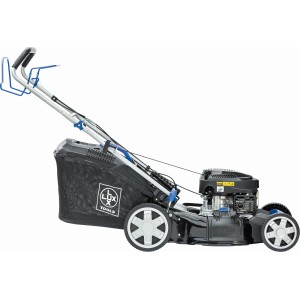LUX-TOOLS Benzinmotoros fűnyíró B-RM-51-A B: Fűnyíró fűgyűjtővel és kék vázzal.