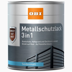 OBI 3 az 1-ben fémvédő festék doboza, fehér selyemmatt, 375 ml. Rozsdavédelem, alapozó és fedőréteg egyben.