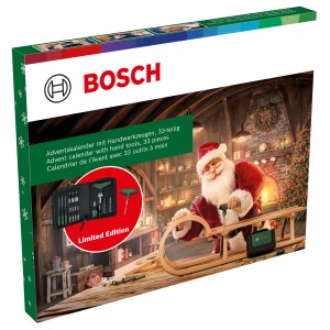 Bosch 2024-es adventi kalendár kéziszerszámokkal és tartozékokkal, ünnepi kivitelben.