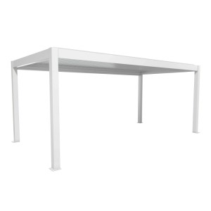 Fehér Biohort Pergola 6x3 m, egy modern teraszfedés lamellás tetővel.