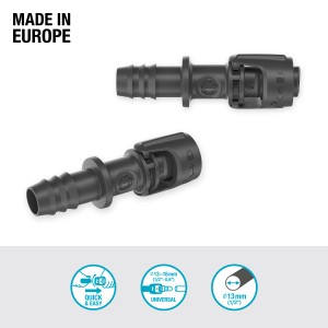 Gardena Univerzális csatlakozó 13 mm Micro-Drip-rendszerekhez, két fekete műanyag csatlakozó.