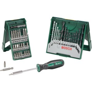 Bosch Mini X-Line bitkészlet, 41 darabos fúrószárakkal, csavarhúzó bitekkel és csavarhúzóval zöld dobozban.