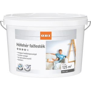 Vödör hófehér falfesték az OBI-tól, beltéri használatra, kb. 125 m²-re elegendő.