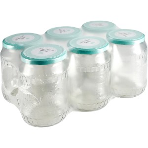 6 darabos, 720 ml-es befőttesüveg készlet mentaszínű csavaros tetővel és "Made with Love" felirattal.