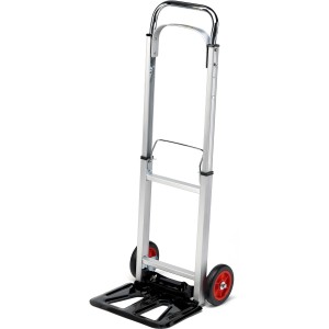 Összecsukható alumínium szállítókocsi, max. 90 kg teherbírás, piros kerekekkel.