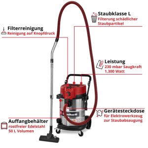 Einhell TE-VC 5090 SACL nedves-száraz porszívó, piros/ezüst, 50L acél, 1300W, L porosztály, szűrőtisztítás, csatlakozó.