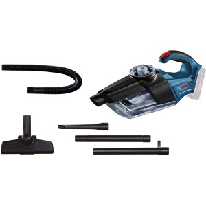 Bosch Professional GAS 18 V-1 akkus kézi porszívó tartozékokkal, például fúvókákkal és szívócsővel.