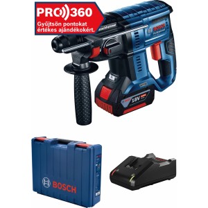 Bosch akkus fúrókalapács tartozékokkal: koffer és töltő.