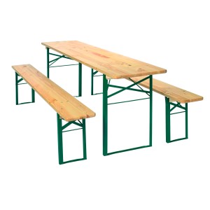3 részes sörpad garnitúra fa asztallal (50x220cm) és 2 paddal, zöld acélvázzal.