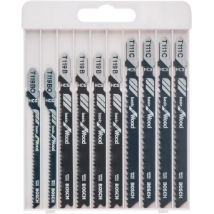 Bosch Pro fűrészlap készlet, 10 darabos, T-szár, fához, különböző típusok (T119 BO, T119 B, T111 C).