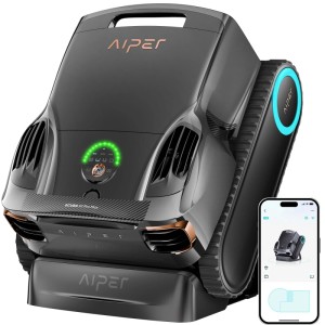 Sötétszürke Aiper Scuba X1 medence robot zöld kijelzővel, app vezérléssel és lánctalpas meghajtással. Vezeték nélküli.