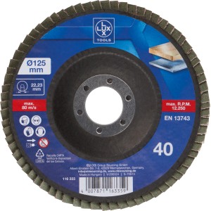 LUX lamellás csiszolókorong Multi Ø 125 mm, 40-es szemcseméret sarokcsiszolókhoz.