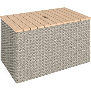 Közelkép: Világosbarna polyrattan kerti pad/asztal a Bostonia lounge szettből, fa lappal.