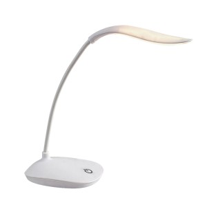 Fehér LED asztali lámpa flexibilis karral és érintőkapcsolóval.