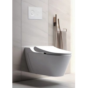 Fali WC nyomólappal, modern design szárazépítéshez.