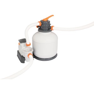 Bestway homokszűrős szivattyú 1500 gal/h, fehér szűrőrendszer csövekkel és időzítővel.