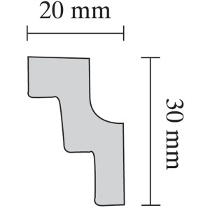 Profil keresztmetszet: Dekoratív profil 20x30 mm-es méretekkel mennyezeti és fali kialakításhoz.