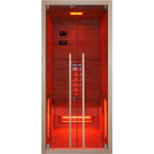 Sanotechnik Ruby 1 infraszauna 1 személy részére, hemlock fából, üveg előlappal és piros világítással.