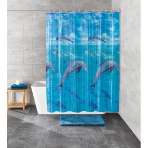 Kleine Wolke Dolphin zuhanyfüggöny, 180x200 cm, kék delfin mintával.