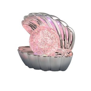 Shelly LED asztali lámpa króm kagyló formában, csillogó RGB LED gömbbel.