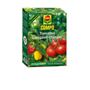 Compo paradicsom tartós műtrágya 1 kg-os csomag paradicsom és zöldség illusztrációval.