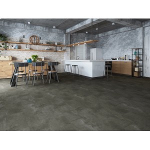 Lerakott Decoflooring Olbia sötét kőhatású vinil padlóburkolat egy modern lakótérben.