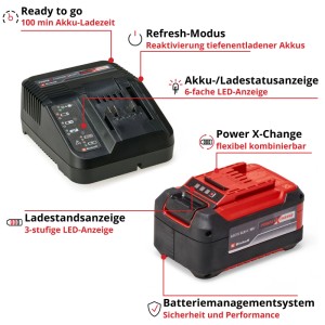 Einhell PXC Starter Kit: piros 5,2 Ah 18V akkumulátor és fekete töltő Power X-Change elektromos szerszámokhoz.