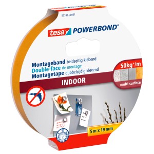 Tesa Powerbond beltéri szerelőszalag, 5 m x 19 mm, extra erős ragasztó sima és egyenetlen felületekre.